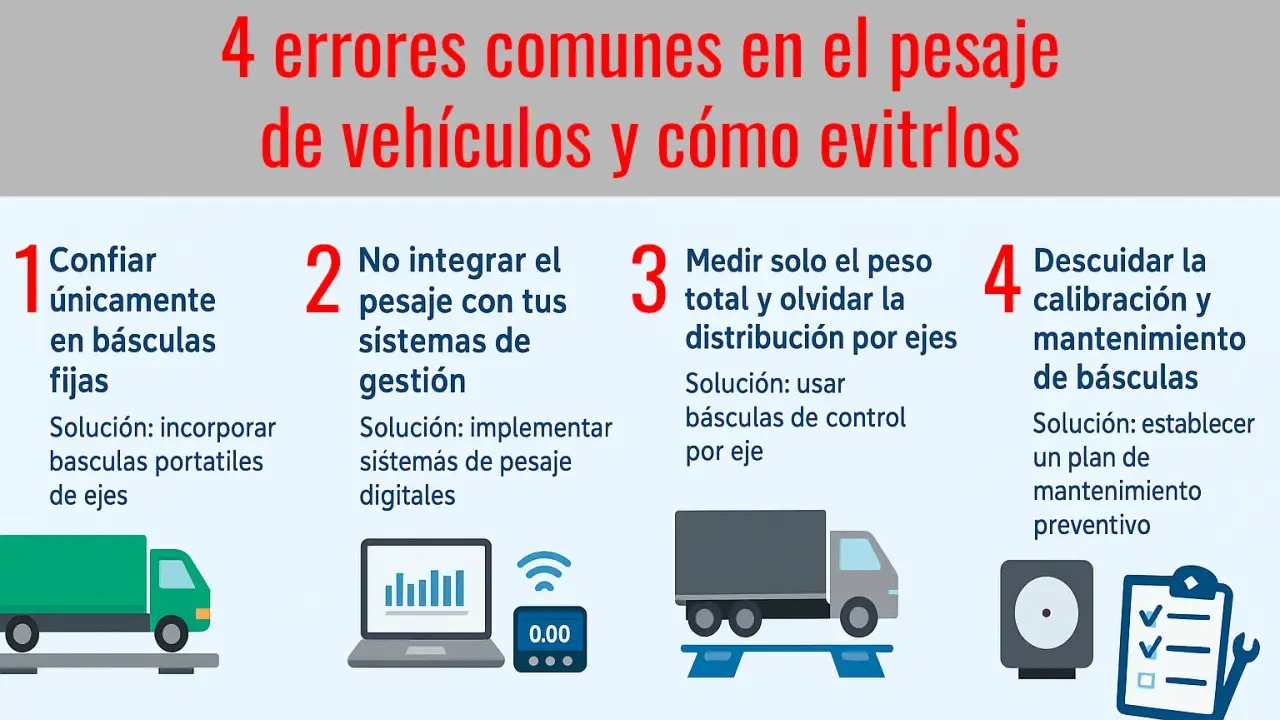 Infografía sobre 4 errores comunes en la tabla de pesos de camiones y sus soluciones. Incluye ilustraciones de camiones, básculas y sistemas de gestión.
