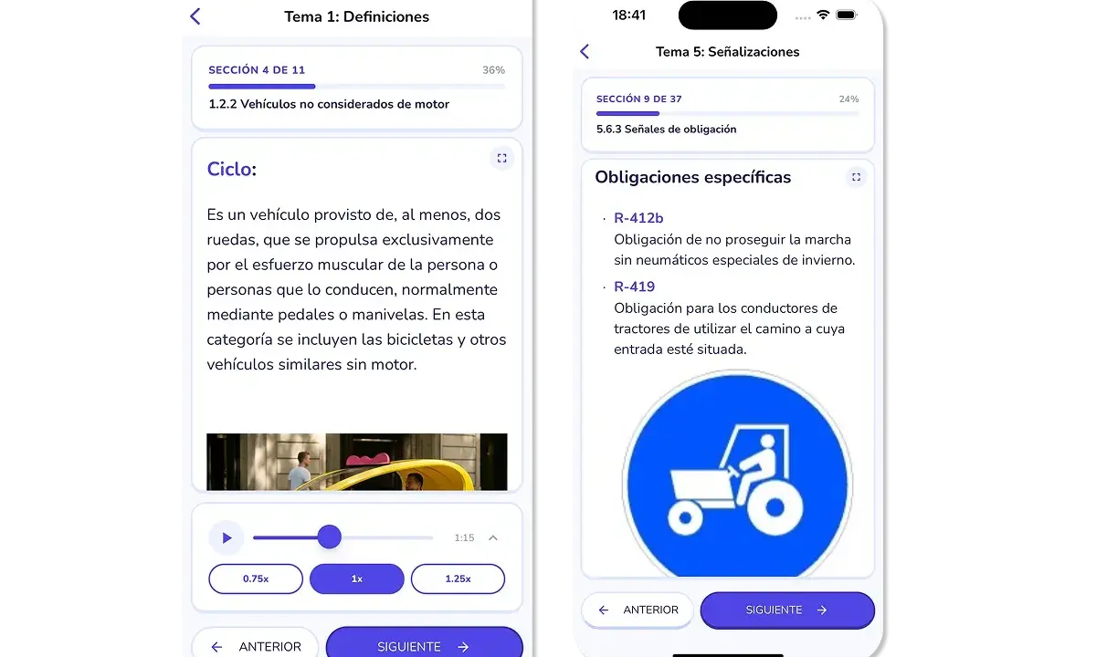 App de autoescuela a2 con lecciones sobre definiciones y señalizaciones.