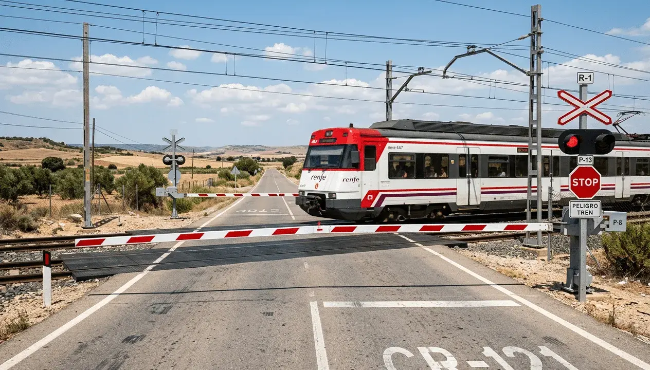 Un tren de carretera de Renfe cruza un paso a nivel con barreras rojas y blancas bajadas. El semáforo está en rojo.