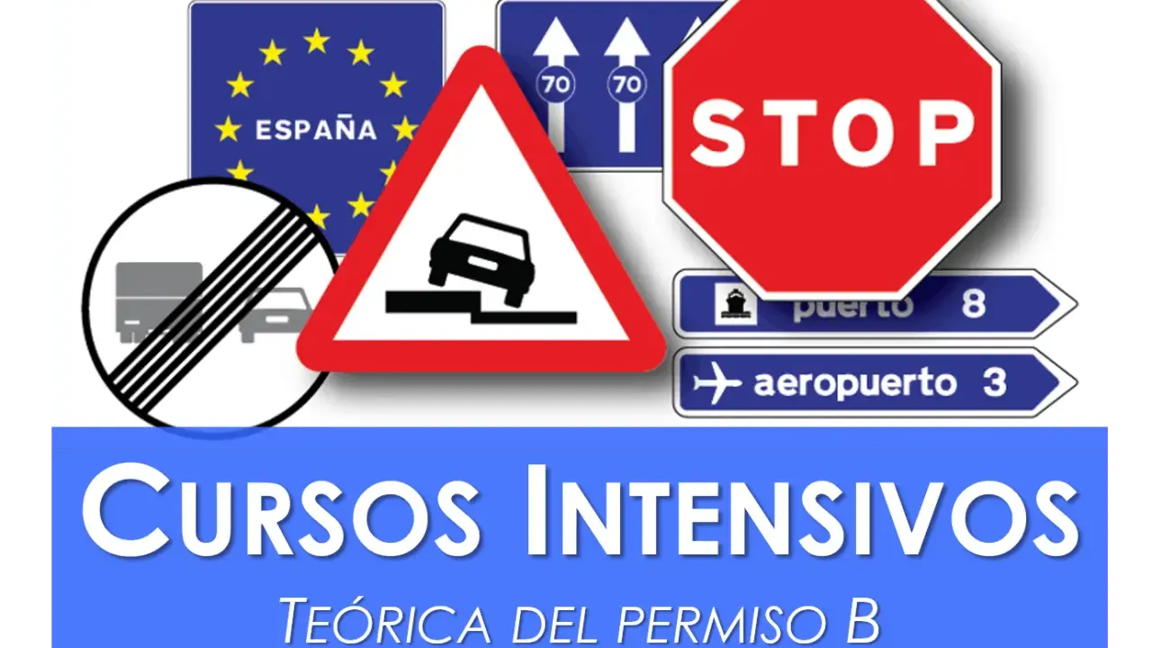 Cursos intensivo teórico coche. Señales de tráfico: STOP, prohibición, peligro, dirección puerto y aeropuerto.