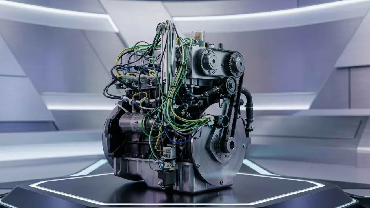 Un complejo motor de hidrogeno con cables de colores y engranajes, presentado en una plataforma futurista.