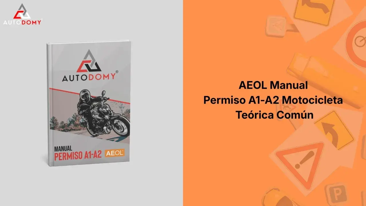 Manual para el permiso moto A2. Portada de libro "AEOL Manual Permiso A1-A2 Motocicleta Teórica Común" con imagen de motorista.