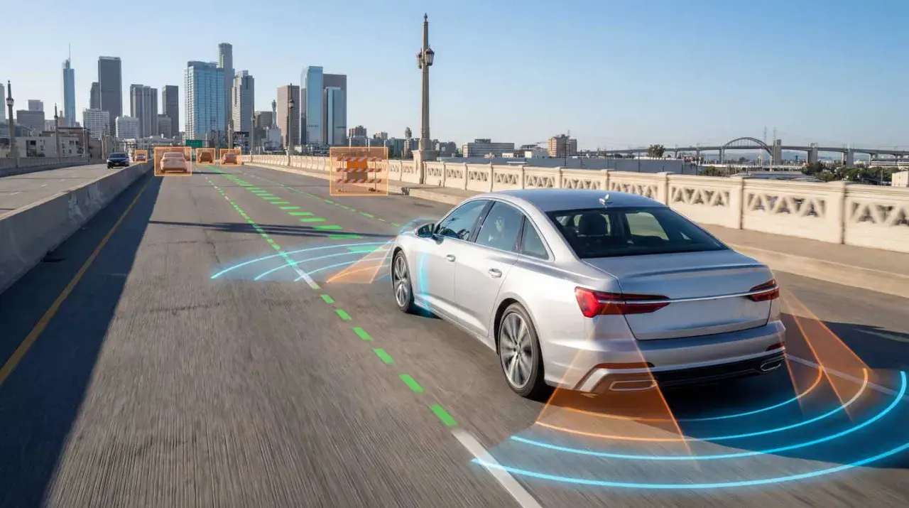 Un coche plateado en una autopista urbana, con gráficos que muestran sus **sistemas de ayuda a la conducción** detectando otros vehículos y obstáculos.