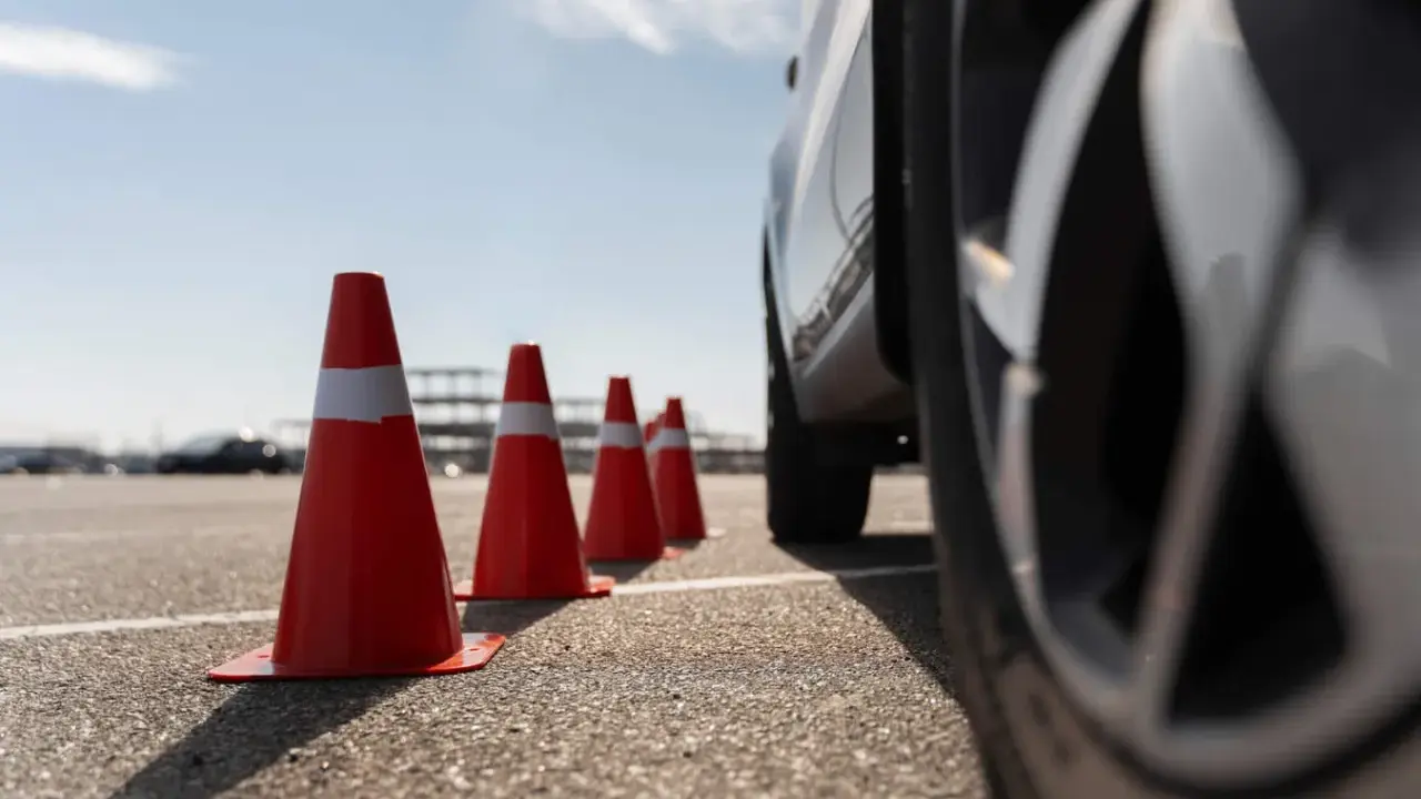 Conos naranjas marcan la zona f para el carnet C. Un coche se acerca, listo para la maniobra.