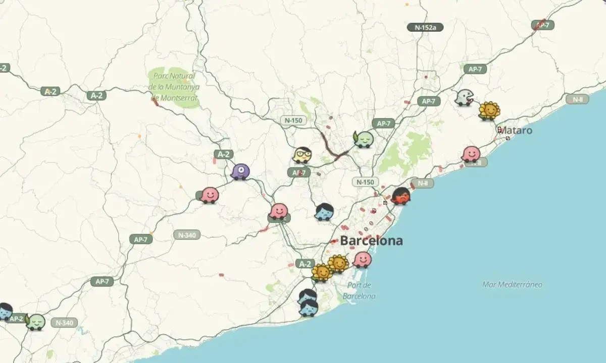 Mapa de incidencias carreteras Catalunya con iconos divertidos.