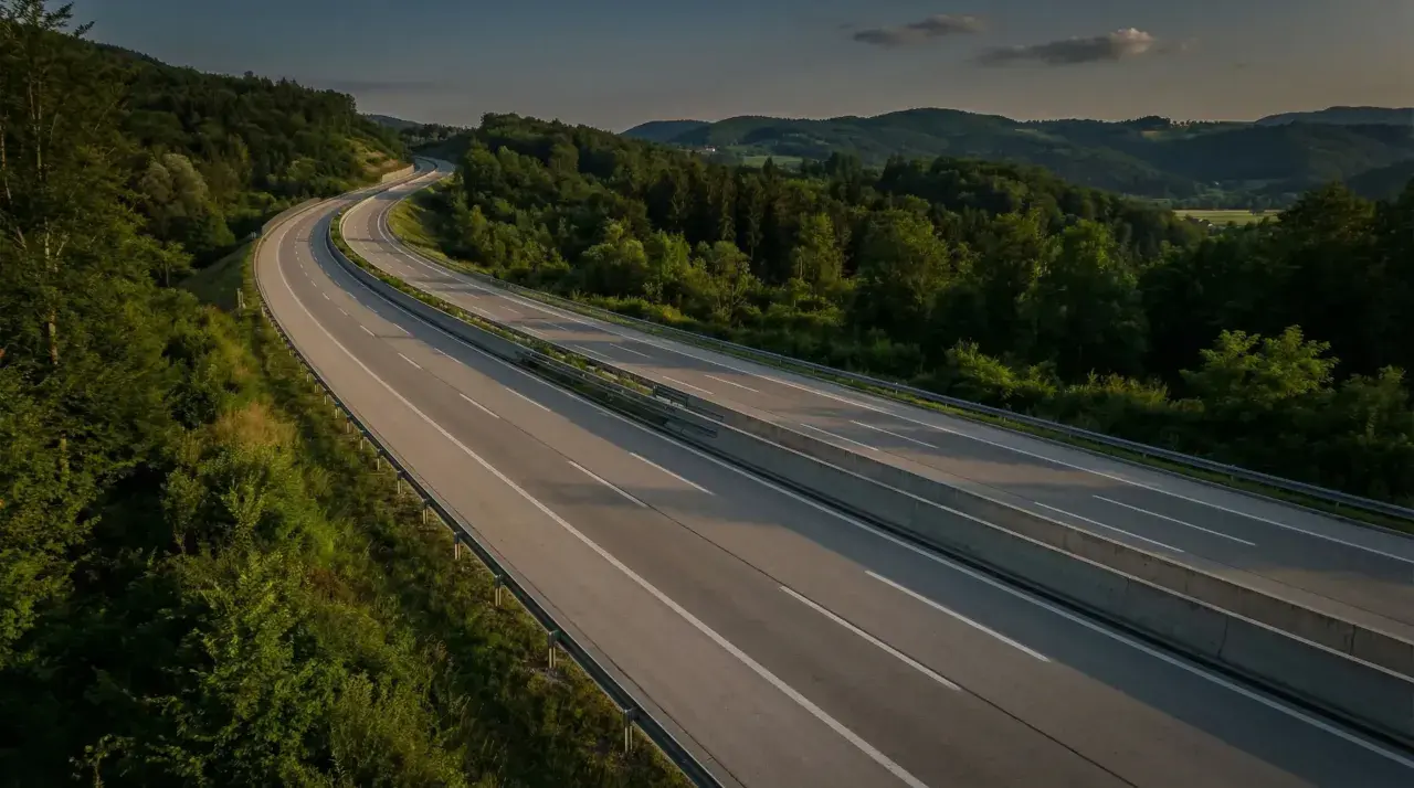 Autopista en Eslovenia, con colinas verdes y árboles. El sol se pone, proyectando sombras largas sobre la carretera. Los **peajes eslovenia** son parte de este paisaje.
