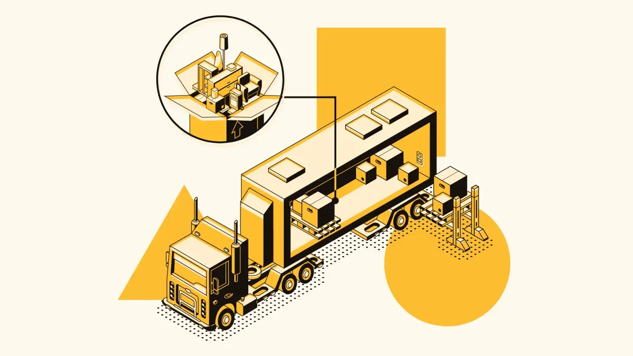 Camión con carga y detalle de empaquetado, ilustrando aplicaciones de transporte y logística.