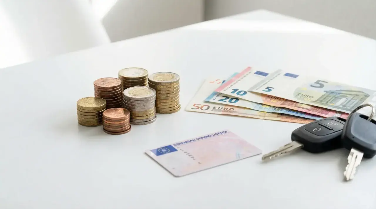 Monedas, billetes de euro, un carnet de precio y llaves de coche sobre una mesa blanca.