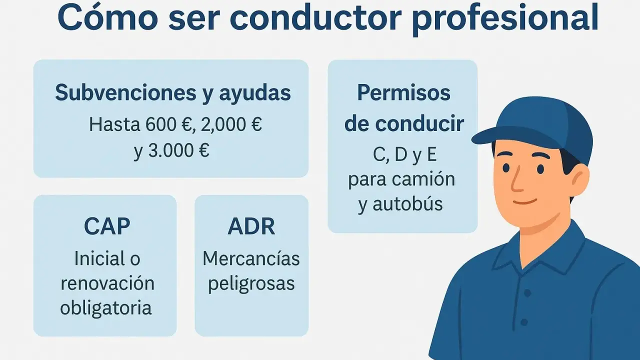 Información sobre cómo ser conductor profesional: subvenciones, permisos C, D, E para camión, CAP y ADR. ¡Infórmate sobre los cursos SEPE carnet de camión!