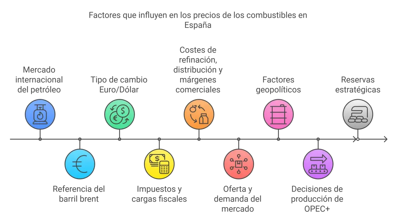 Factores que influyen en la variación semanal del precio del gasoil: mercado internacional, tipo de cambio, costes, geopolítica, reservas, referencia Brent, impuestos y oferta/demanda.