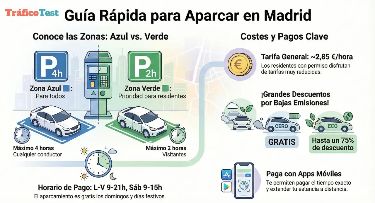 Guía de aparcamiento en Madrid: Zona Azul (máx. 4h, todos) vs. Zona Verde (prioridad residentes, máx. 2h). Costes, descuentos ECO y pago por app.