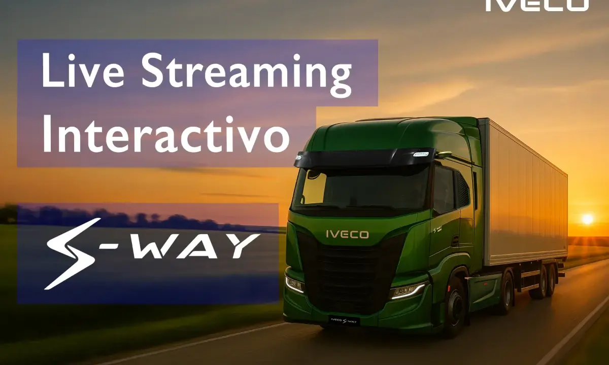Camión verde Iveco S-Way en carretera al atardecer. Transmisión en vivo interactiva.