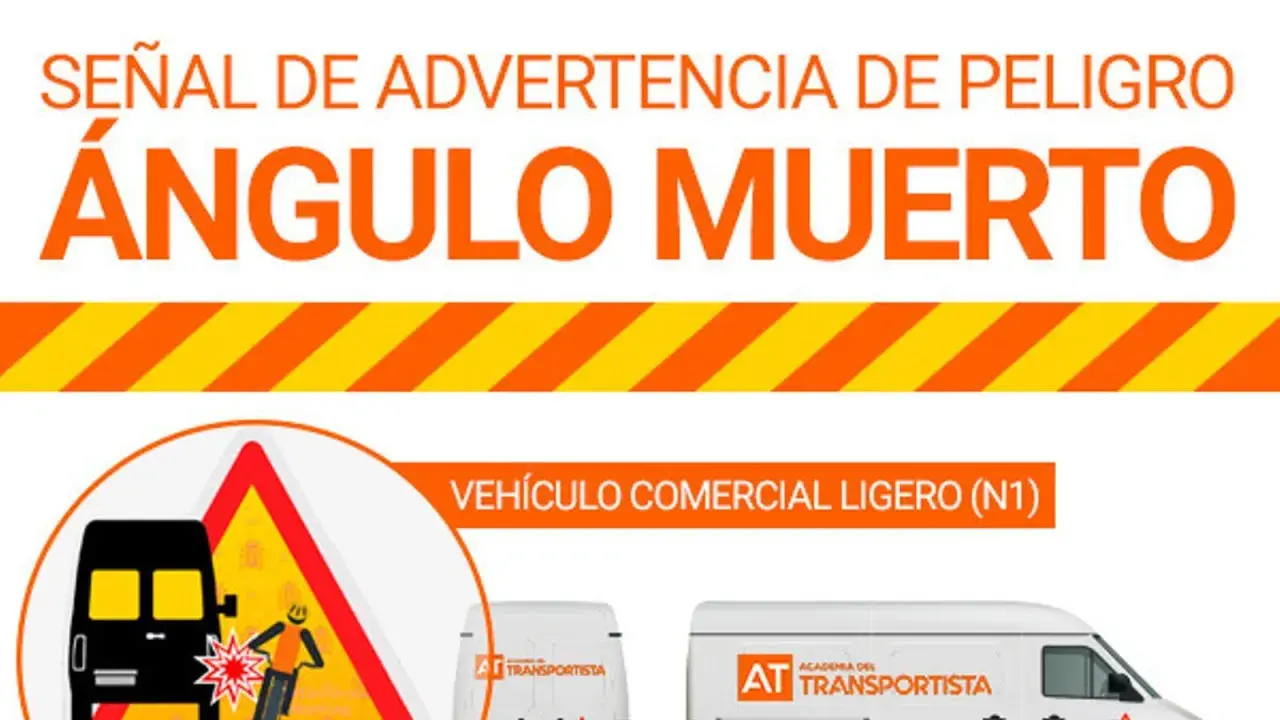 Señal de peligro ángulo muerto. Un camión negro y una motocicleta chocan en una señal de advertencia. Vehículo comercial ligero (N1).