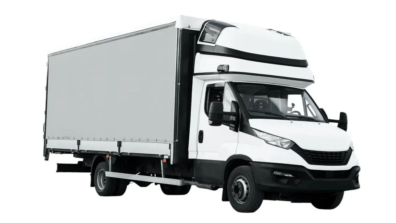 Camión blanco con caja de lona, ideal para tu negocio. Consulta el camion precio y hazte con él.