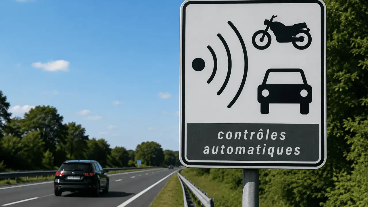 Señal de controles automáticos en Francia, advirtiendo sobre posibles multas por exceso de velocidad.