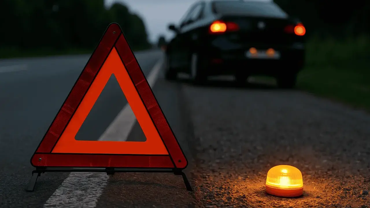 Triángulos de preseñalización y una baliza naranja iluminan la carretera oscura junto a un coche averiado.