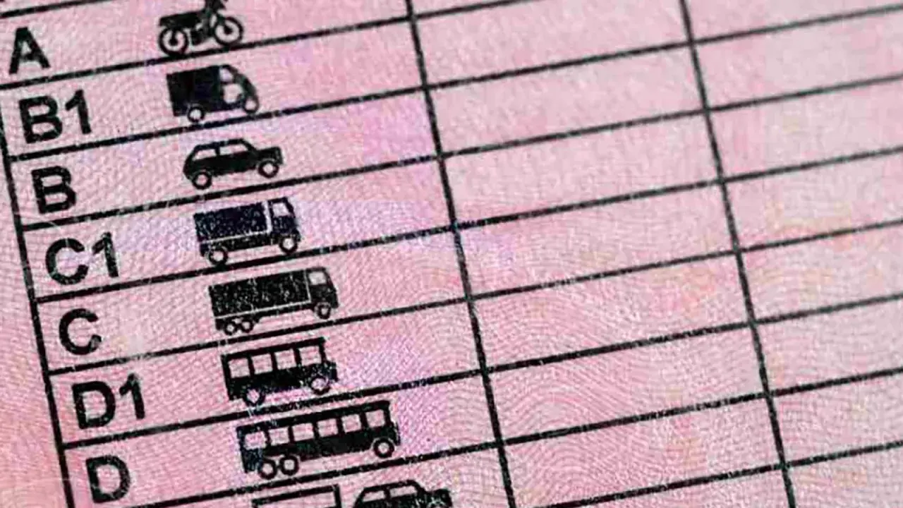 Detalle de un permiso de conducir con iconos de vehículos, incluyendo motocicletas, coches y camiones. Muestra las diferentes categorías de permisos de moto y otros vehículos.