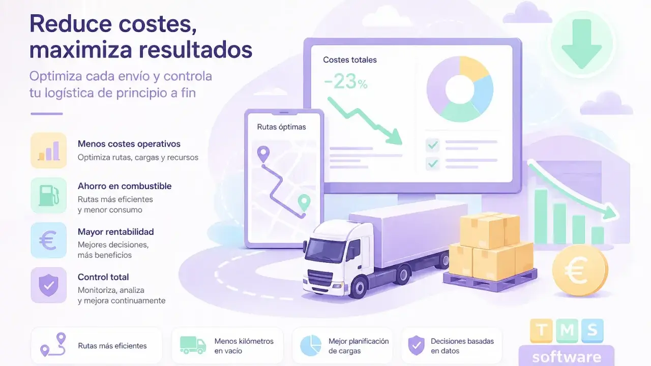 Optimización de **procesos logísticos**: camión, paquetes, gráficos de reducción de costes y rutas eficientes en pantalla.