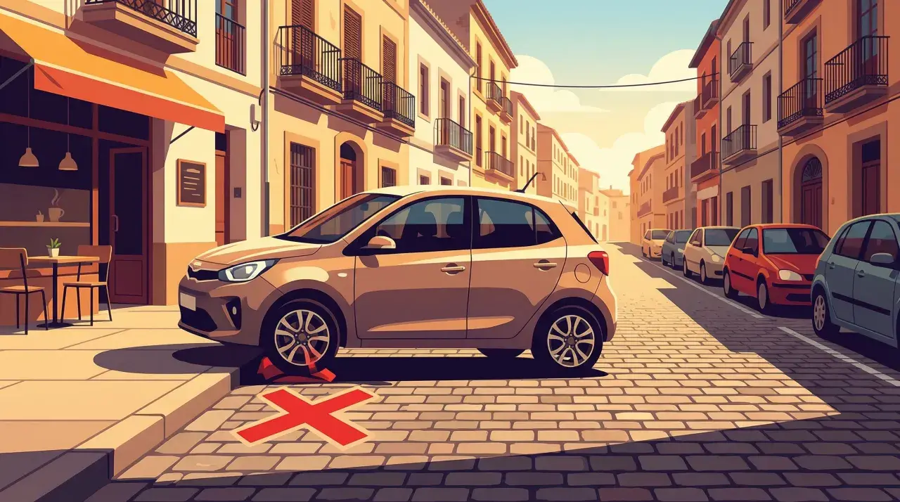 Coche mal aparcado sobre una X roja, indicando faltas eliminatorias al aparcar DGT. Calle adoquinada con edificios y otros coches.