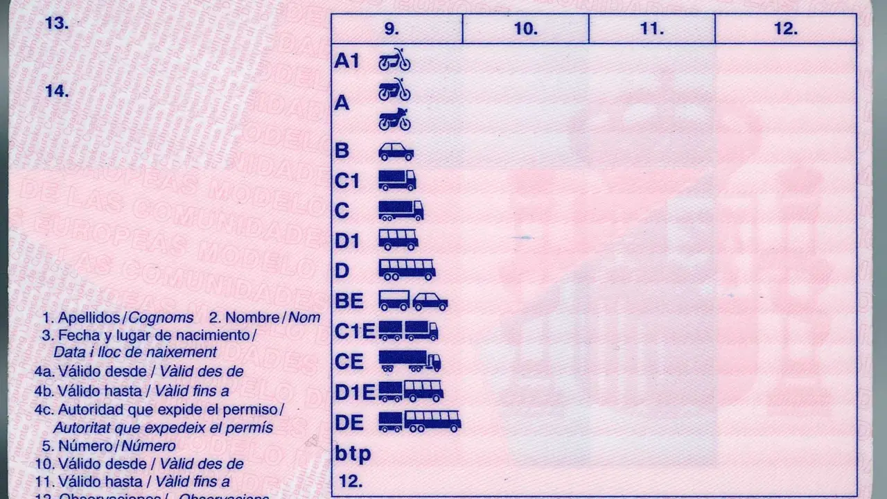 Carnet de moto 15 años, con categorías A1, A y B. Muestra iconos de vehículos y campos para datos personales y validez.