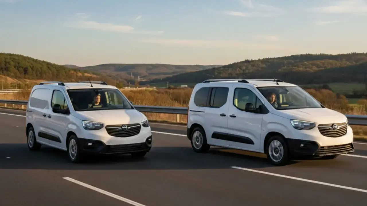 Dos furgonetas panel blancas circulan por una carretera con colinas boscosas al fondo.