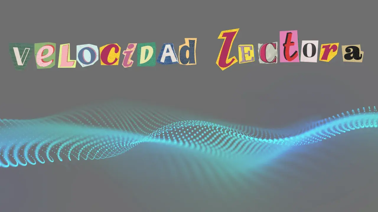 Velocidad de fluidez de una vía: letras recortadas forman "Velocidad Lectora" sobre una onda de puntos luminosos.