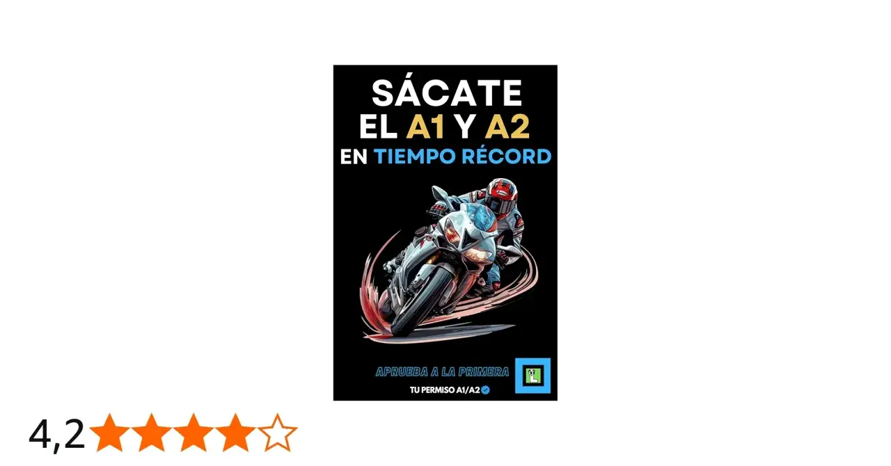 Motociclista en acción, promocionando "Sácate el A1 y A2 en tiempo récord". Explora las diferencias entre carnet A1 y A2.