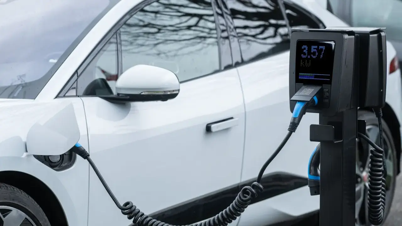 Coche eléctrico blanco cargando. El poste de carga muestra 3.57 kW, cumpliendo el reglamento AFIR para la infraestructura de energía.