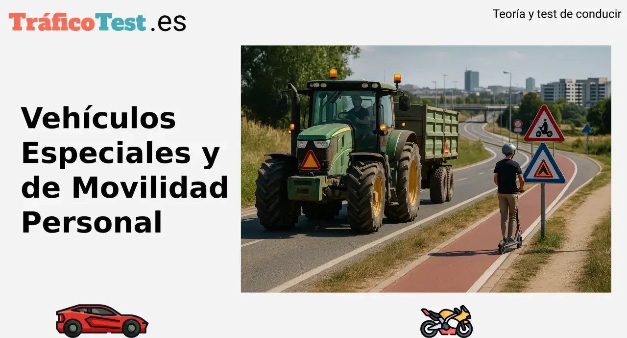 Un tractor, un vehículo especial, circula por carretera junto a un patinete eléctrico y señales de tráfico.