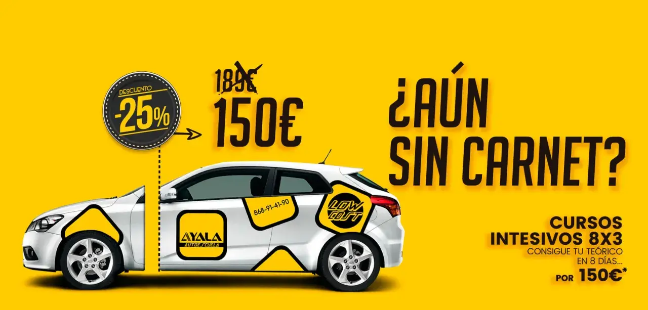 Coche blanco con publicidad de autoescuela. Oferta de curso intensivo por 150€, ¡consigue tu carnet en 8 días!
