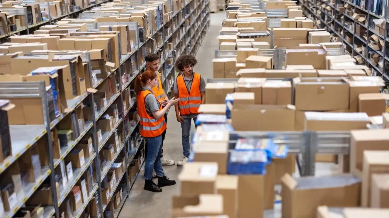 Tres trabajadores revisan inventario en un almacén, optimizando la logística de aprovisionamiento. Estanterías llenas de cajas y productos se extienden hasta el fondo.
