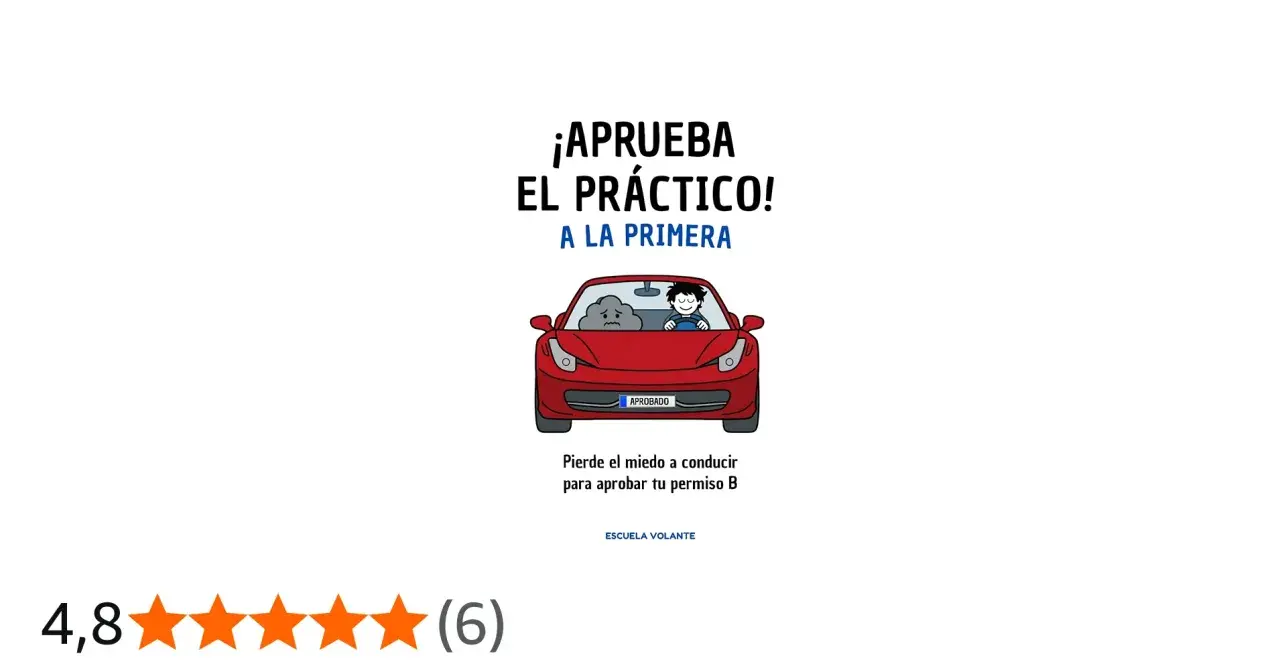 Ilustración de un coche rojo con un conductor sonriente y una nube asustada. Placa "APROBADO".