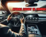 Hombre conduciendo un coche de lujo. El texto "AYUDAS CARNET DE CONDUCIR" sugiere ayudas económicas para obtener el permiso de conducir.