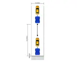Diagrama de maniobras para el carnet de conducir E: dos vehículos con remolque en un carril de 6m de ancho y 10m de largo.