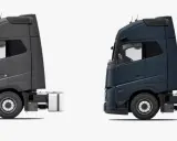 Dos camiones Volvo, uno gris y otro azul oscuro, listos para la carretera. Elige el camión Volvo más potente para tus necesidades.