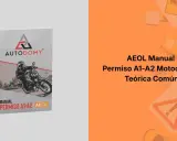 Manual para el permiso moto A2. Portada de libro "AEOL Manual Permiso A1-A2 Motocicleta Teórica Común" con imagen de motorista.