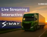 Camión verde Iveco S-Way en carretera al atardecer. Transmisión en vivo interactiva.