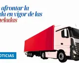 Camión blanco y rojo con el texto "Cómo afrontar la entrada en vigor de las 44 toneladas" en España.