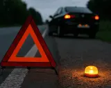 Triángulos de preseñalización y una baliza naranja iluminan la carretera oscura junto a un coche averiado.