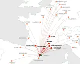 Mapa de rutas aéreas que conectan ciudades de España, Francia y otros países europeos, mostrando las fronteras de Francia.