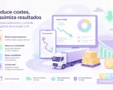 Optimización de **procesos logísticos**: camión, paquetes, gráficos de reducción de costes y rutas eficientes en pantalla.