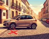 Coche mal aparcado sobre una X roja, indicando faltas eliminatorias al aparcar DGT. Calle adoquinada con edificios y otros coches.