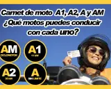 Carnet de moto A1, A2, A y AM. Una mujer sonríe con casco y carnet de conducir, mostrando las opciones para ciclomotor, 11 kW, 35 kW y sin límite.