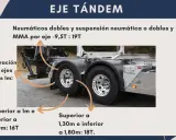 Detalle de un eje doble o tándem de camión con neumáticos y suspensión neumática, mostrando diferentes capacidades de carga según la separación entre ejes.