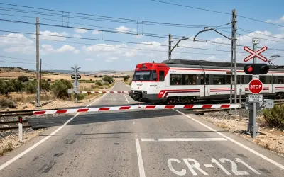 Un tren de carretera de Renfe cruza un paso a nivel con barreras rojas y blancas bajadas. El semáforo está en rojo.