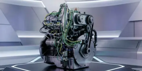 Un complejo motor de hidrogeno con cables de colores y engranajes, presentado en una plataforma futurista.