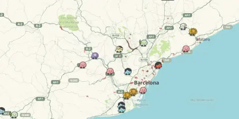 Mapa de incidencias carreteras Catalunya con iconos divertidos.