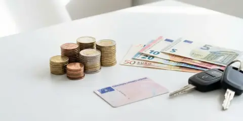 Monedas, billetes de euro, un carnet de precio y llaves de coche sobre una mesa blanca.
