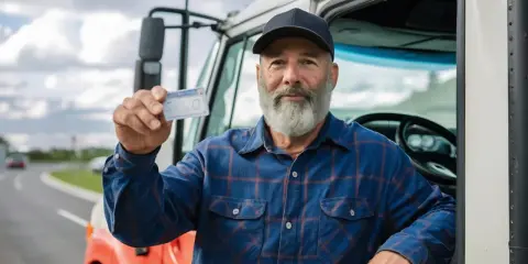 Conductor muestra su carnet C1, listo para conducir su camión.