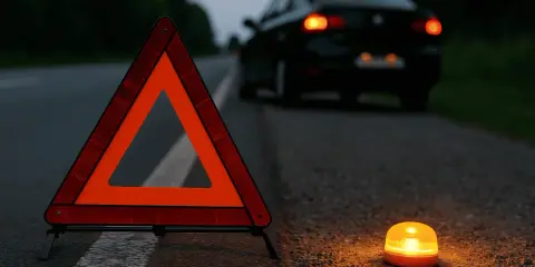 Triángulos de preseñalización y una baliza naranja iluminan la carretera oscura junto a un coche averiado.